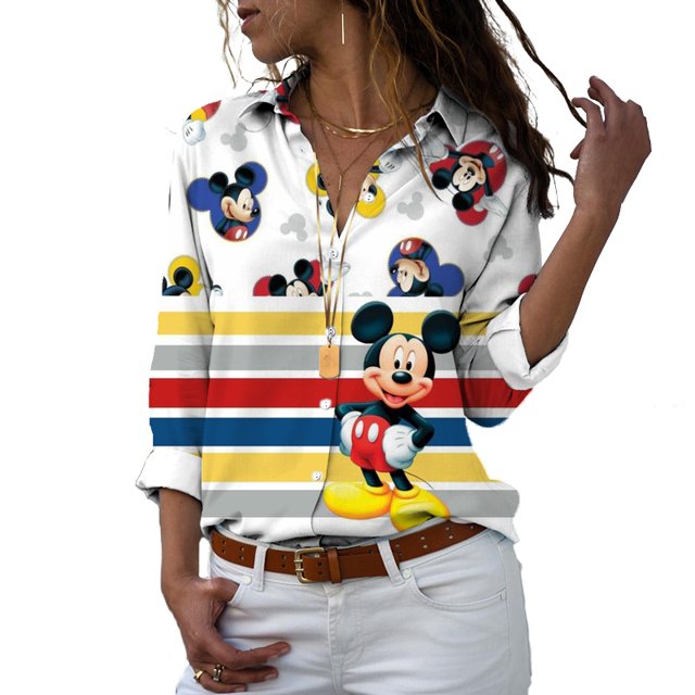 Disney-Camiseta de manga larga con botones para mujer, camisa informal con solapa y estampado 3D de Mickey, Minnie, Pato Donald, estilo Harajuku, y2k, novedad de 2022