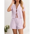 thumbnail image 3 of Biezeib Women's Plaid Outfit, Loose V Neck Puff Sleeve Front Tie-Up Tops Elastic Waist Shorts 2 Piece Summer Set, 3 of 6
