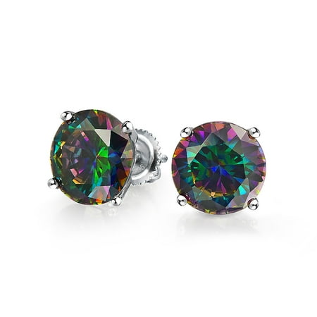 4CT Round Black Mystic Rainbow Cubic Zirconia Solitaire CZ Stud Earrings For Women 925 Sterling Silver Screw Back 10MM