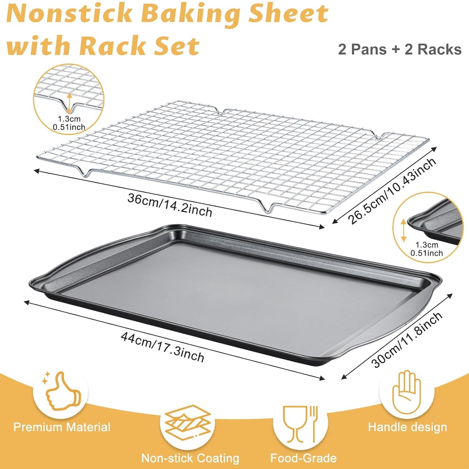 Baking Sheet with Cooling Racks, 17.3 x 11.8 x 0.5 inch Carbon Steel Cookie Sheets for Baking [2 Sheets + 2 Racks], Nonstick Baking Pans