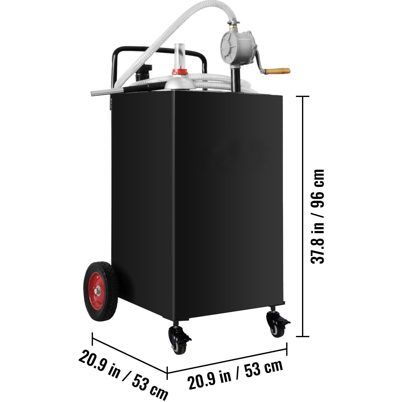 KFFKFF 30 Gallon Fuel Storage, Mobile Gas Tank & Quad Wheels, Equipped with Manual Transfer Pump, Petrol Diesel Fuel Holder for Vehicles, Lawn Equipment, ATVs, Marine Vessels, and More, in Black