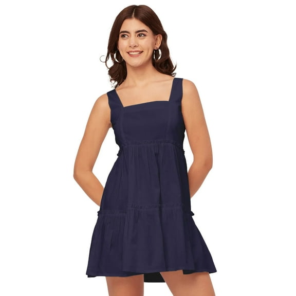 Moomaya Shoulder Straps Square Neck Solid Cotton Dress - Women's Trendy Dress