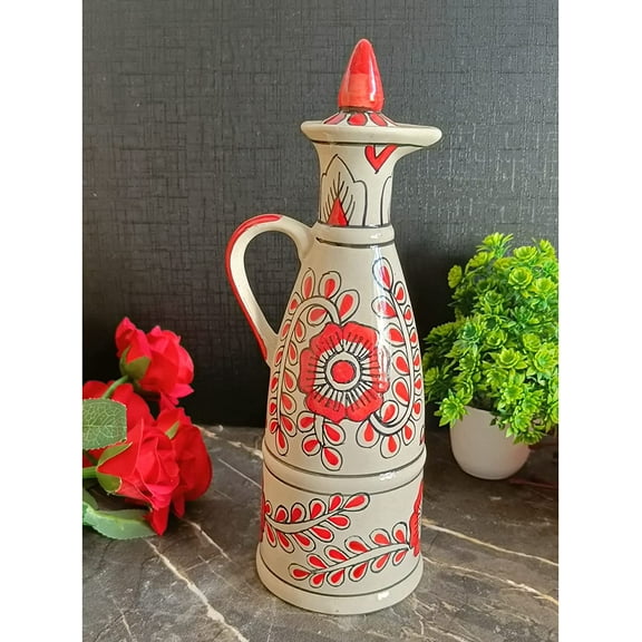 India Meets India Ceramic Bottle/Jug/Jar/Oil Dispenser [White w/ Red Flower] Ceramic Storage Bottle for Oil, Vinegar, Sauces, Ketchups, Ceramic Bottle w/ Lid, 25 OZ (750 ML)