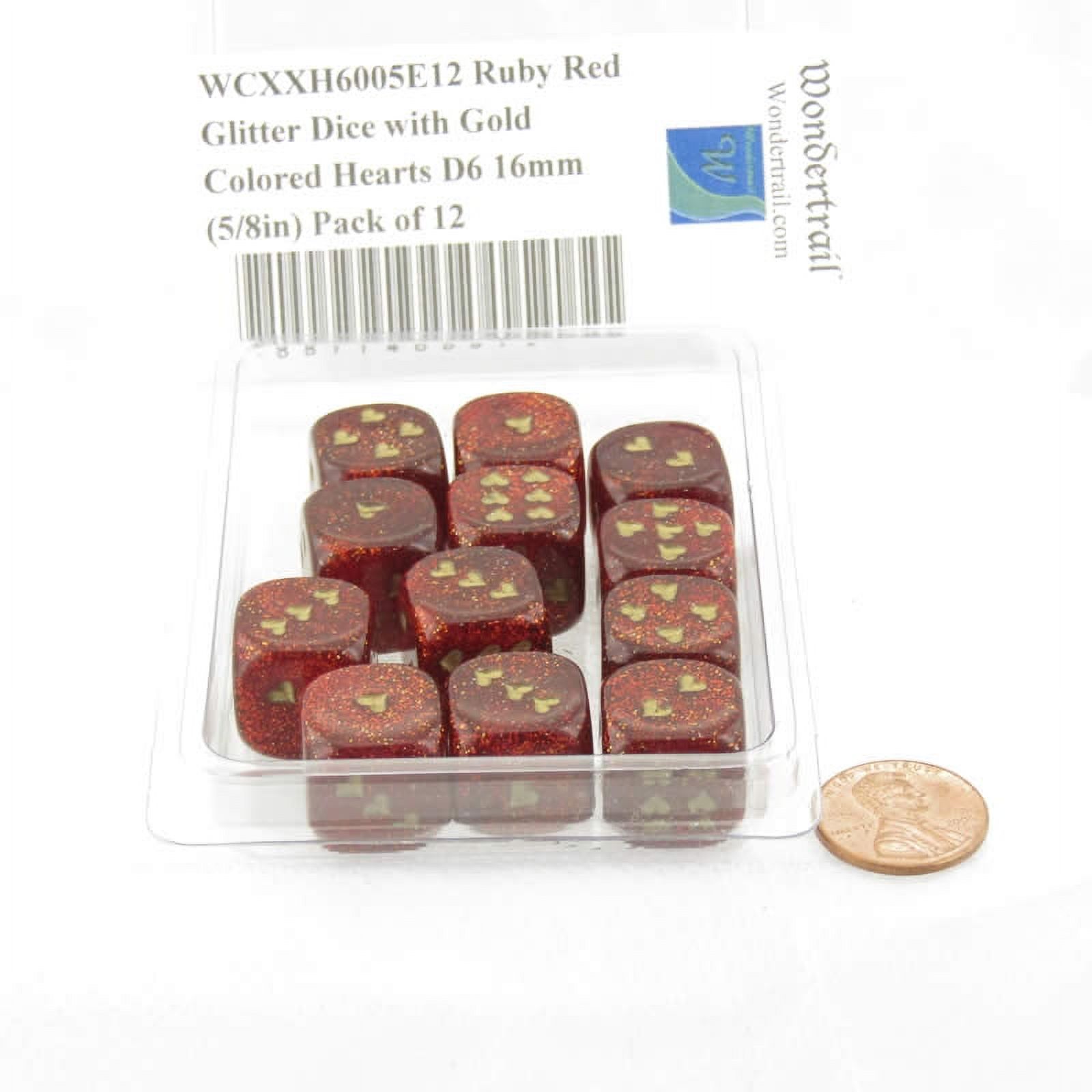 Ruby Red Glitter Dice with Gold Colored Hearts D6 16mm (5/8in) Pack of 12 Wondertrail