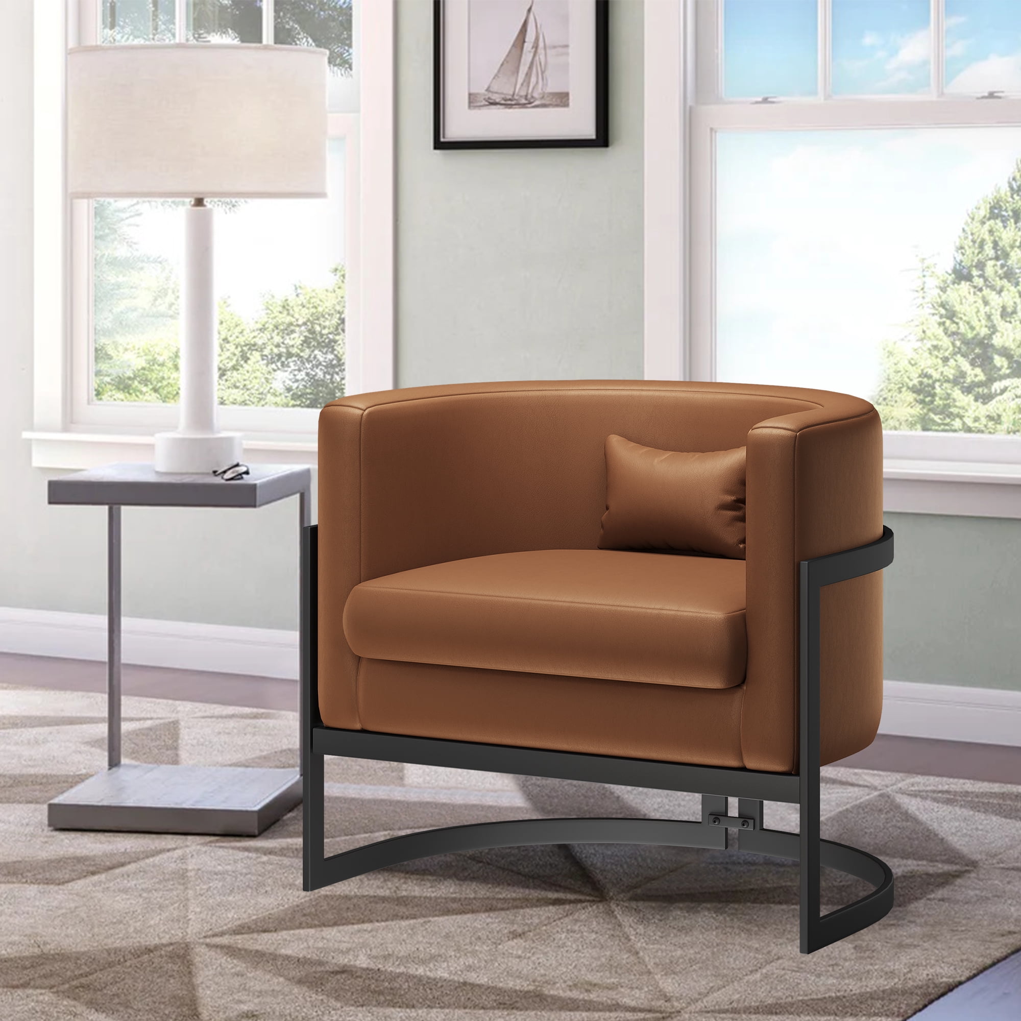 Apeaka Modern Velvet Solid Print Barrel Accent Chair, Brown