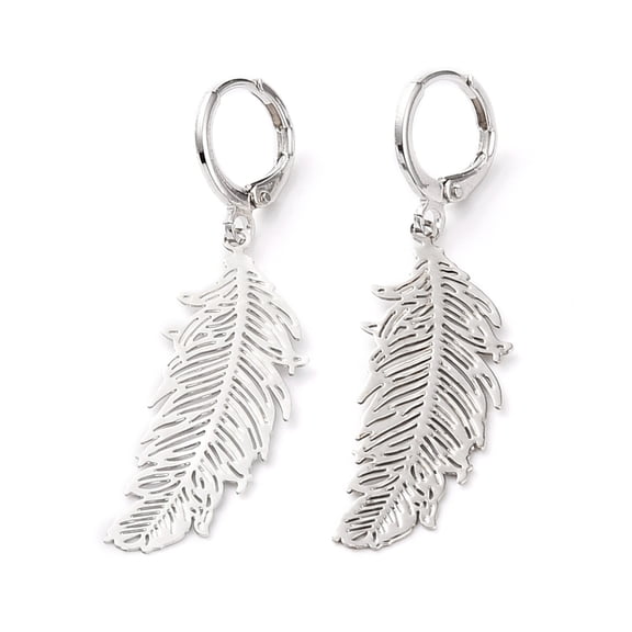 5pairs 304 Stainless Steel Leverback Earrings with Brass Feather Pendants & Stainless Steel color 1-7/8 inch(47mm) Pin: 0.8mm