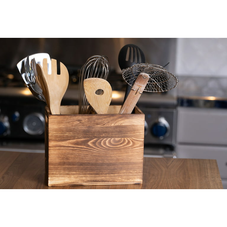 CB Accessories Utensil Holder in Rustic Wood for Farmhouse Kitchen Decor,  Countertop Organizer and Cooking Tools Storage (Double)