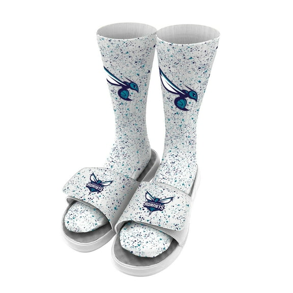 Men's ISlide White Charlotte Hornets Team Logo Speckle Socks & Slide Sandals Bundle