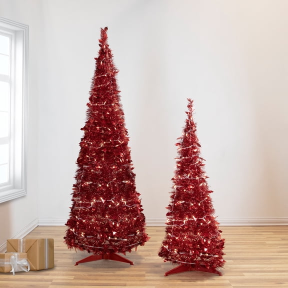 Northlight 6' Prelit Artificial Christmas Tree Red Tinsel Pop-Up - Clear Lights