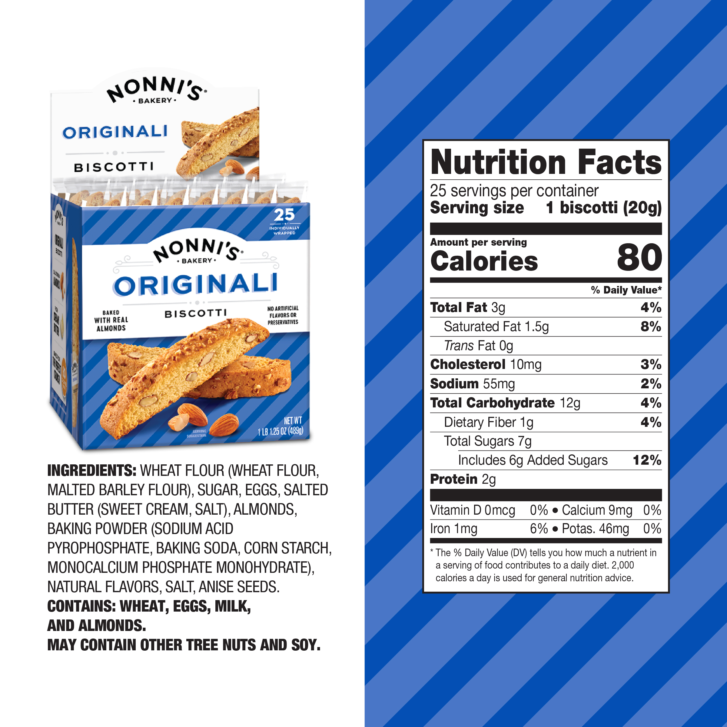 Nonni's Originali Classic Almond Biscotti Cookies – Individually Wrapped Italian Coffee Snack, Crunchy Twice-Baked, 80 Cal Each, 17.25 oz Carton