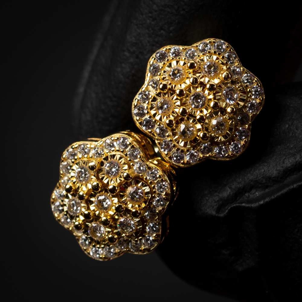 Hip Hop Big 14K Yellow Gold Plated 925 Sterling Silver Screw Back Post Large Iced CZ Round Flower Cluster Circle  Stud Earrings