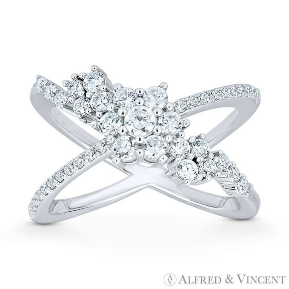 Ladies' Right-Hand Criss-Cross CZ Crystal Cluster X-Ring in .925 Sterling Silver w/ Rhodium