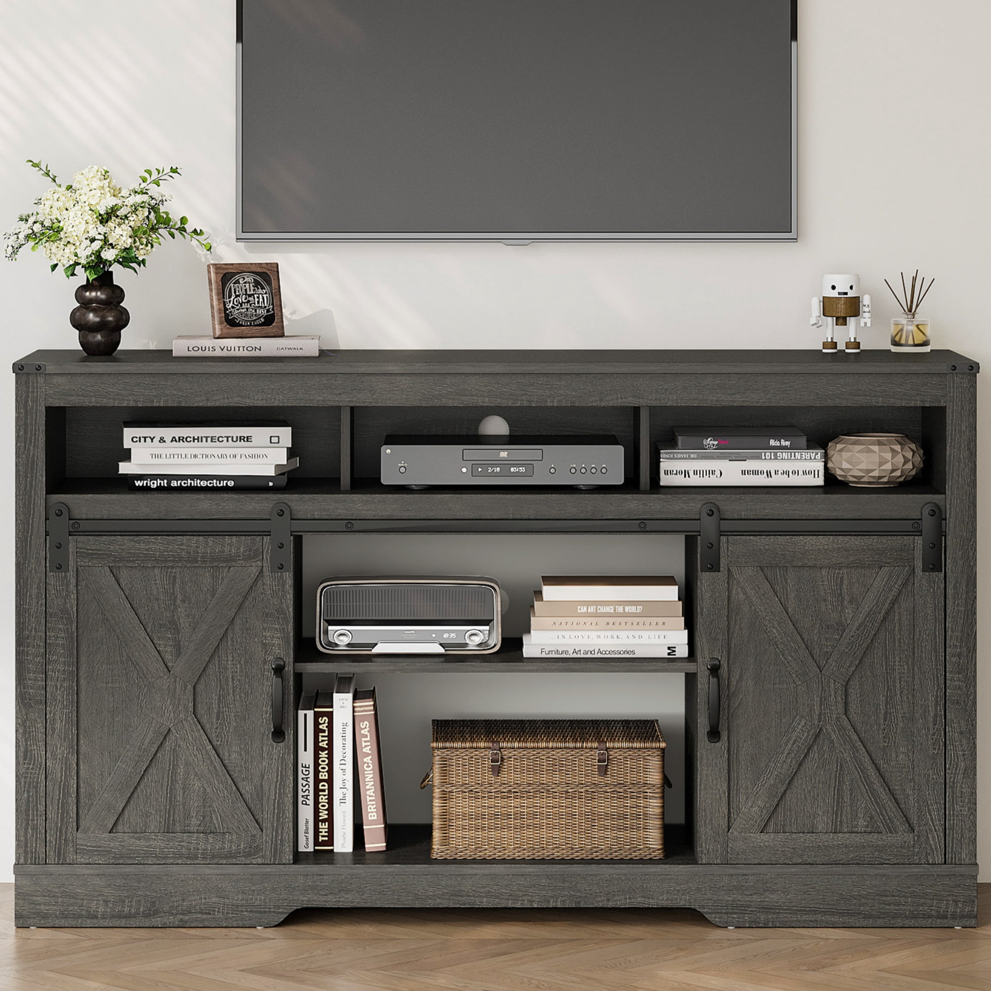 Mayincolor Farmhouse TV Stand, 34'' Tall Entertainment Center for TVs up to 65 Inches, Rustic Barn Door, Dark Grey