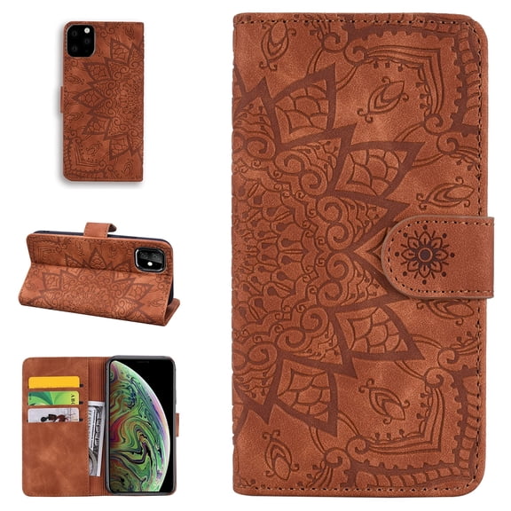 Mantto Magnetic Wallet Case for iPhone 12 and iPhone 12 Pro Women Card Holder Flip Cover Embossed Mandala Flower Kickstand PU Leather Magnetic Folio with Strap For Apple iPhone 12/12 Pro, Brown