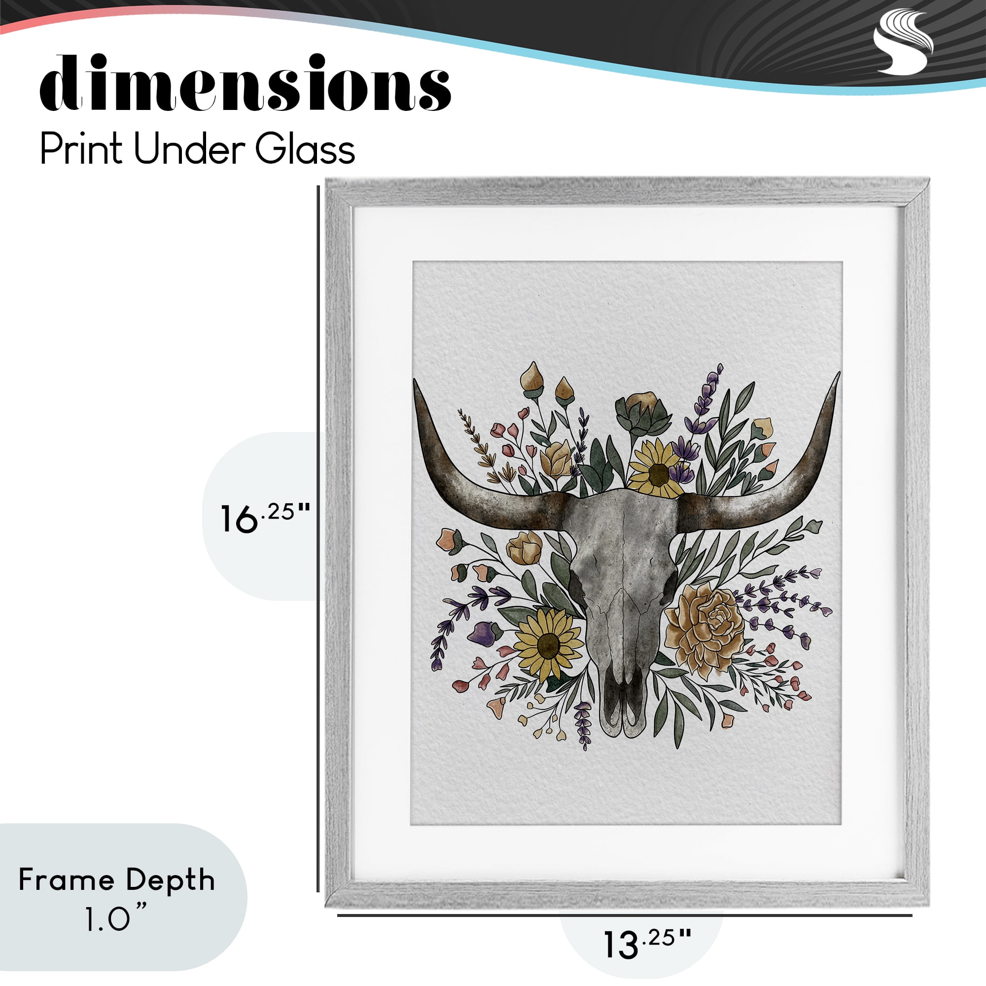 Stupell Industries Boho Wildflower Longhorn Gray Framed Print Under Glass, design by Alisha Kiara Design