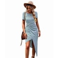 thumbnail image 3 of Women Summer Maxi Tshirt Dress Short Sleeve Crewneck Tie Waist Casual Fit Slit Spring Long Beach Dresses Light Blue M, 3 of 9