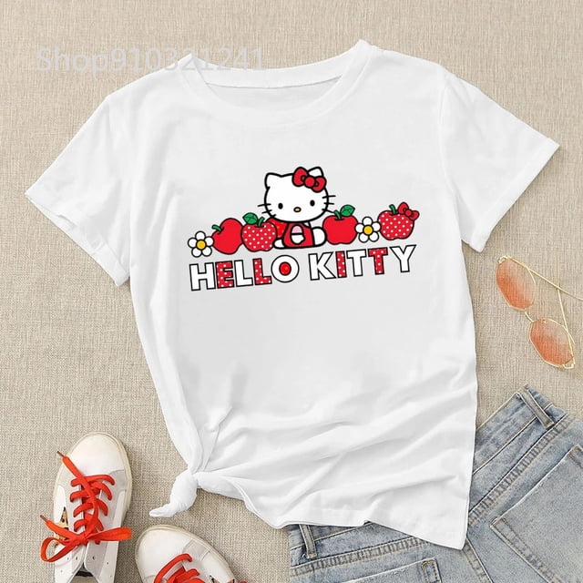 Hello Kitty T-Shirt Femme Été Graphique Kawaii T-shirts Imprimé Mignon Filles T-shirts Décontracté Basique T-Shirt Col Rond Hauts Femme Dropship