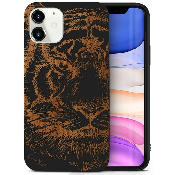 Case Yard Wooden Case for iPhone-12-Mini Soft TPU Silicone cover Slim Fit Shockproof Wood Protective Phone Cover for Girls Boys Men and Women Supports Wireless Charging Tiger Sketch Design