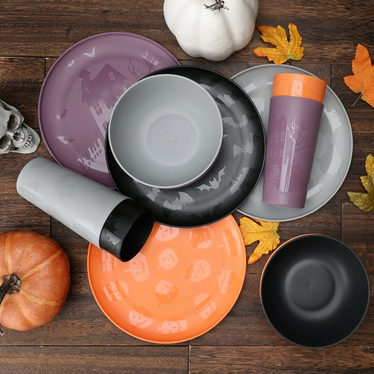 Mainstays 30-Piece Plastic Etched Pumpkin Dinnerware Set, Orange