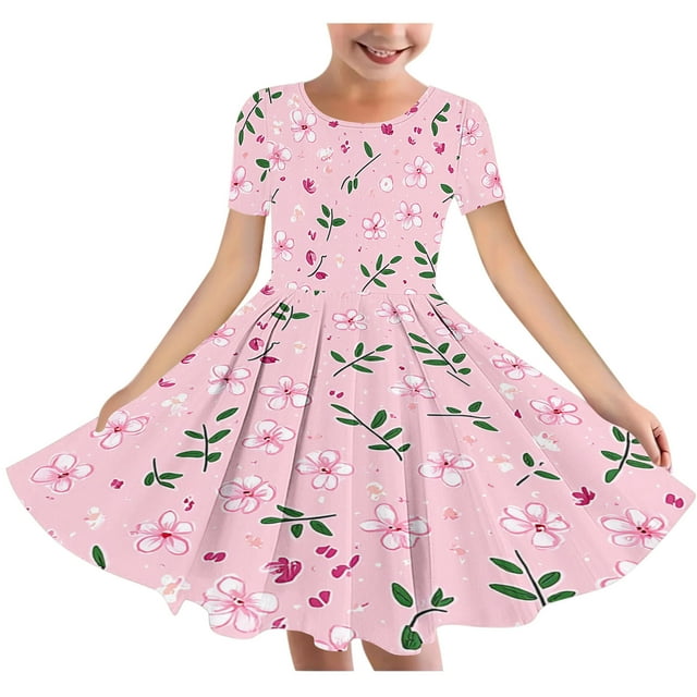 RXIRUCGD 2025 Summer Clothes for Kids Girl's Flower Print Short Sleeve Stretchy Dress Summer Sleeve Round Neck Dress Dance Skirt for Kids