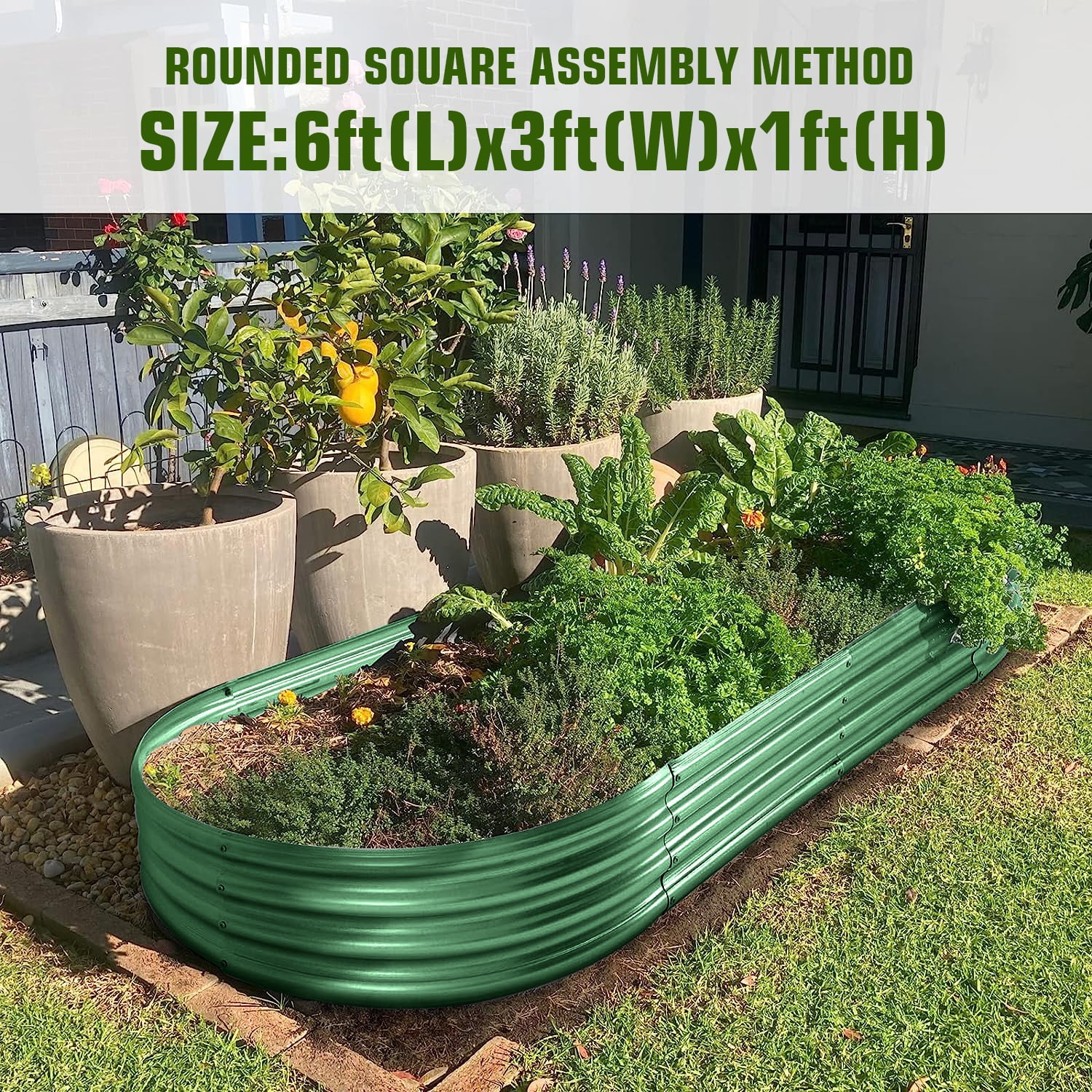 Land Guard 6x3x1ft Galvanized Metal Raised Garden Bed Kit,Oval Planter Box Outdoor for Vegetables,Fruits and Flowers,Forest Green