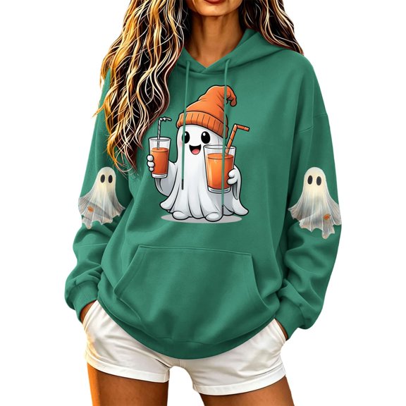 Turilly Seasonal Gift Women's Halloween Themed Graphic Hoodie Long Sleeve Drawstring Pullover Top with Kangaroo Pocket for Festive Events