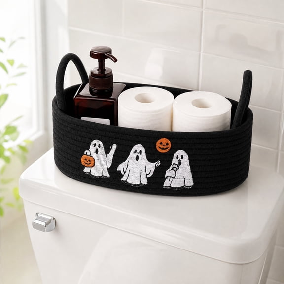 Black Rope Halloween Storage Basket, Ghost Pattern Bathroom Counter Organizer, Festive Fall Halloween Home Party Decoration
