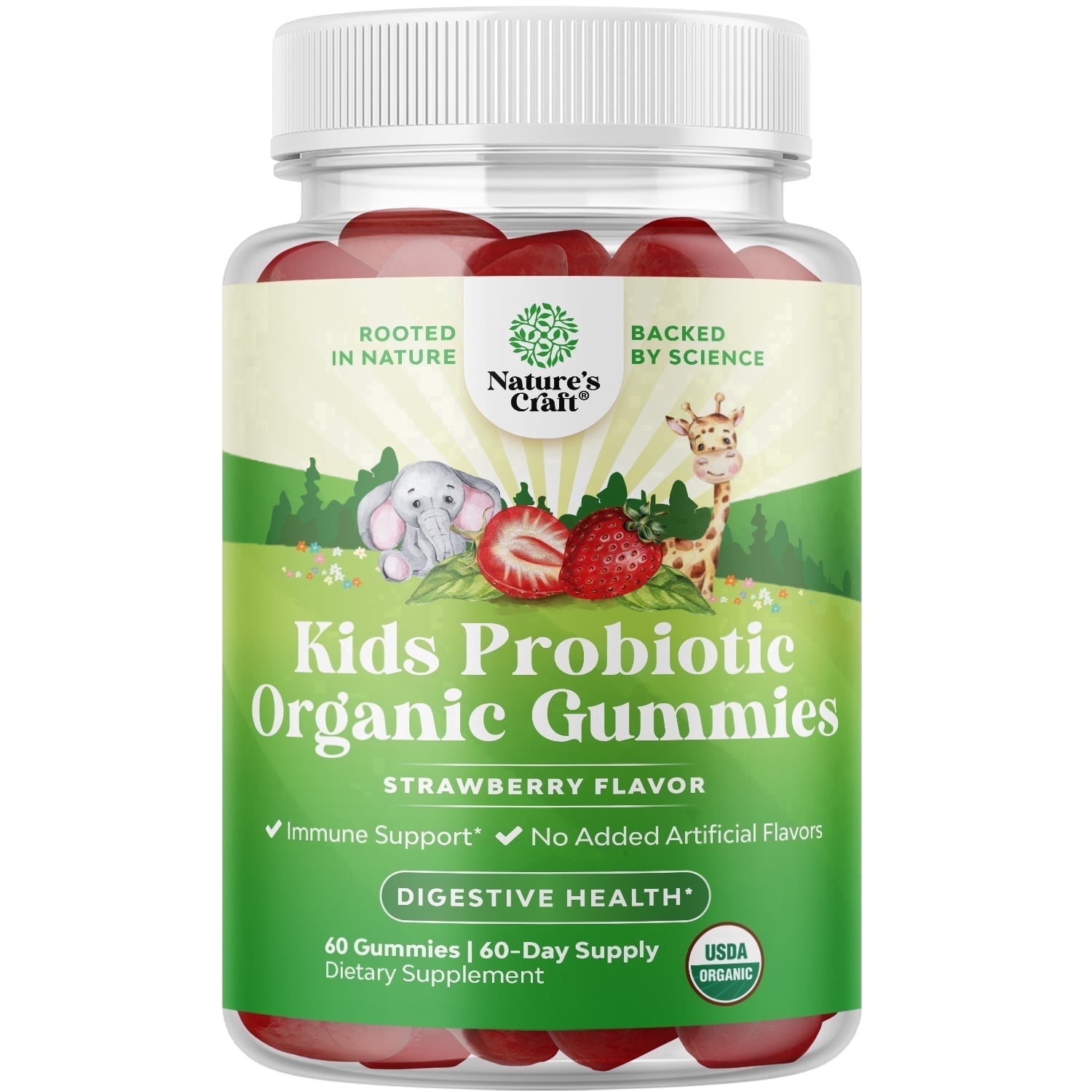 Natures Craft Organic Probiotic Gummies for Kids, Digestive Health Support, Strawberry, 60 Gummies
