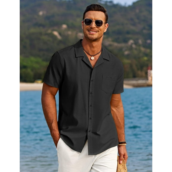 COOFANDY Men Button Down Shirt Beach Linen Shirts Summer Hawaiian Shirts Cuban Collar Shirts Short Sleeve Button Down Shirts