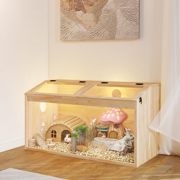 Wooden Hamster Cage Chewproof 32" Large Small Animal Habitat Escape-Proof Lockable Top, Ventilated Fan, Removable Front Panel for Easy Clean, 32x16x16" Spacious Acrylic Glass Enclosure