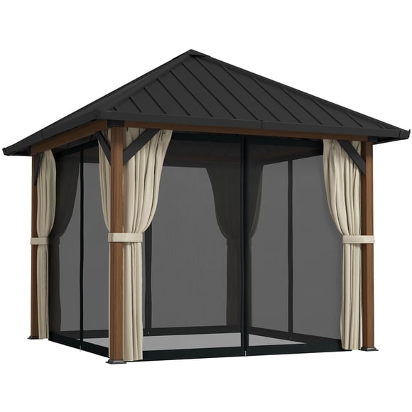 Outsunny 10' x 10' Hardtop Gazebo with Steel Roof, Netting and Curtains