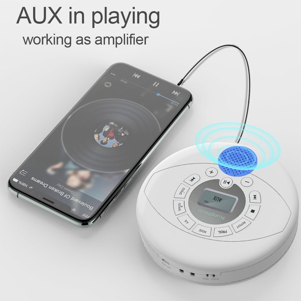 KUEPHOM CD Player Portable,Rechargeable Walkman CD Player with Speaker,Portable CD Player with Headphones,CD-R,MP3 USB Playable,Anti Skip CD Playing for Car,Suitable for Personal or Multi-Users,White