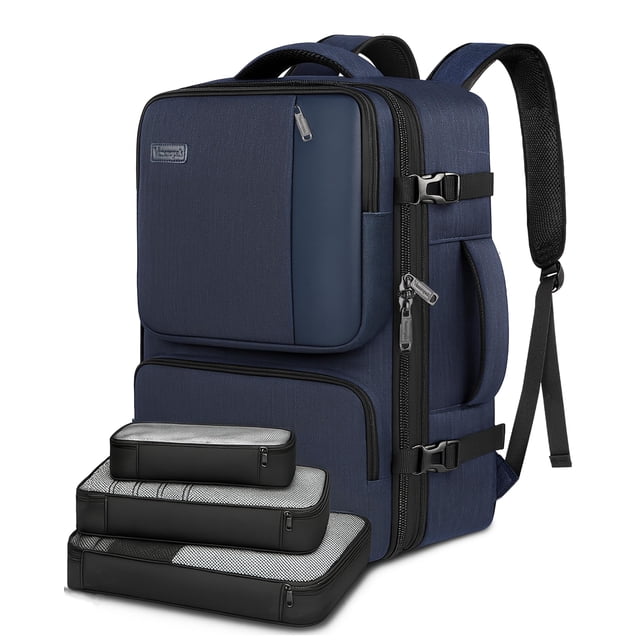 Vancropak Travel Backpack for Men Women, Expandable Waterproof Carry on Backpack Suitcase Bag with 3 Packing Cubes, Blue