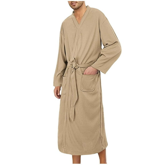 LNWUY Mens Waffle Robes Lightweight Soft Comfortable Sleepwear Solid Color V Neck Oversized Casual Loungewear Bathrobe Robe Yellow XL