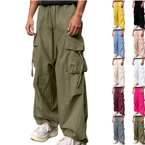 Iyufng Loose Cargo Pants for Men Straight Leg Casual Trousers with Elastic Waistband, Drawstring, and Pockets