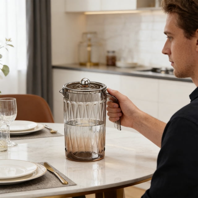 Large Cold Water Pitcher with Lid, Thick Plastic Iced Tea Jug, Diamond Pattern, Shatterproof, for Home or Office Fridge