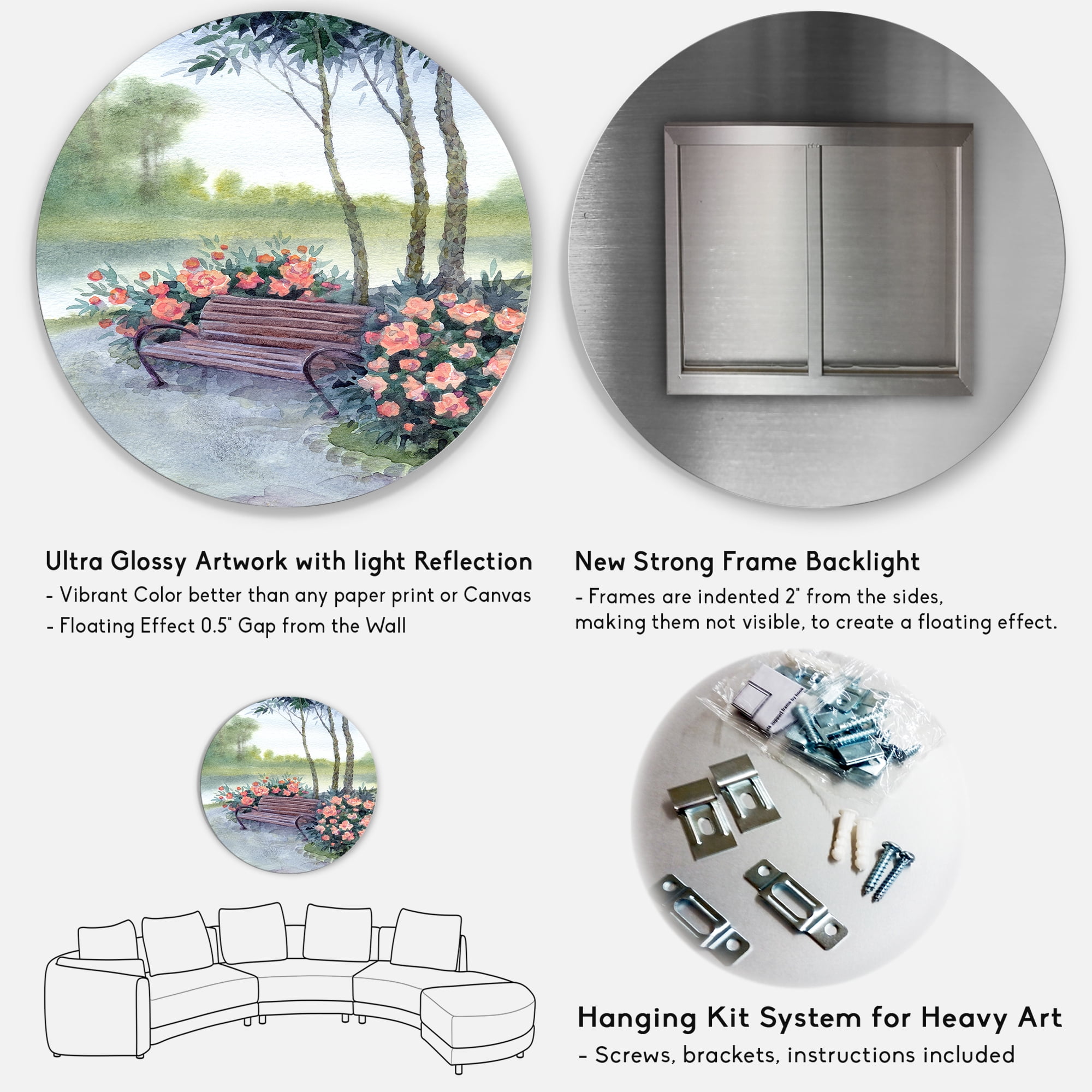 Designart 'Bench In Park By The Pions Flowers Bushes' Traditional Circle Metal Wall Art 23x23 - Disc of 23