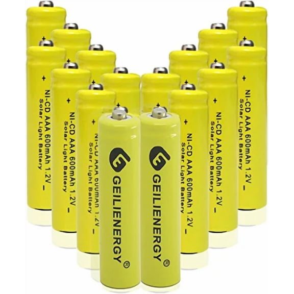 GEILIENERGY NiCd AAA 1.2V 600mAh Triple A Rechargeable Batteries for Solar Light Lamp Yellow Color (Pack of 16)