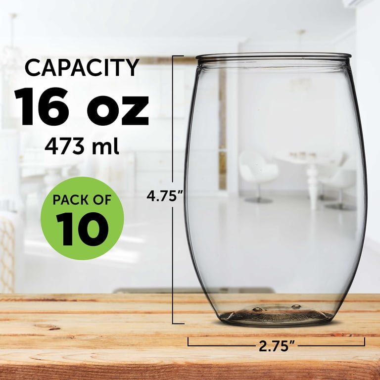 Plastic Stemless Wine Glasses 16 oz. Set of 10, Bulk Pack - BPA Free, Great  for Outdoor Lounges, Poolside, Parties and Other Events - Clear -  Walmart.com