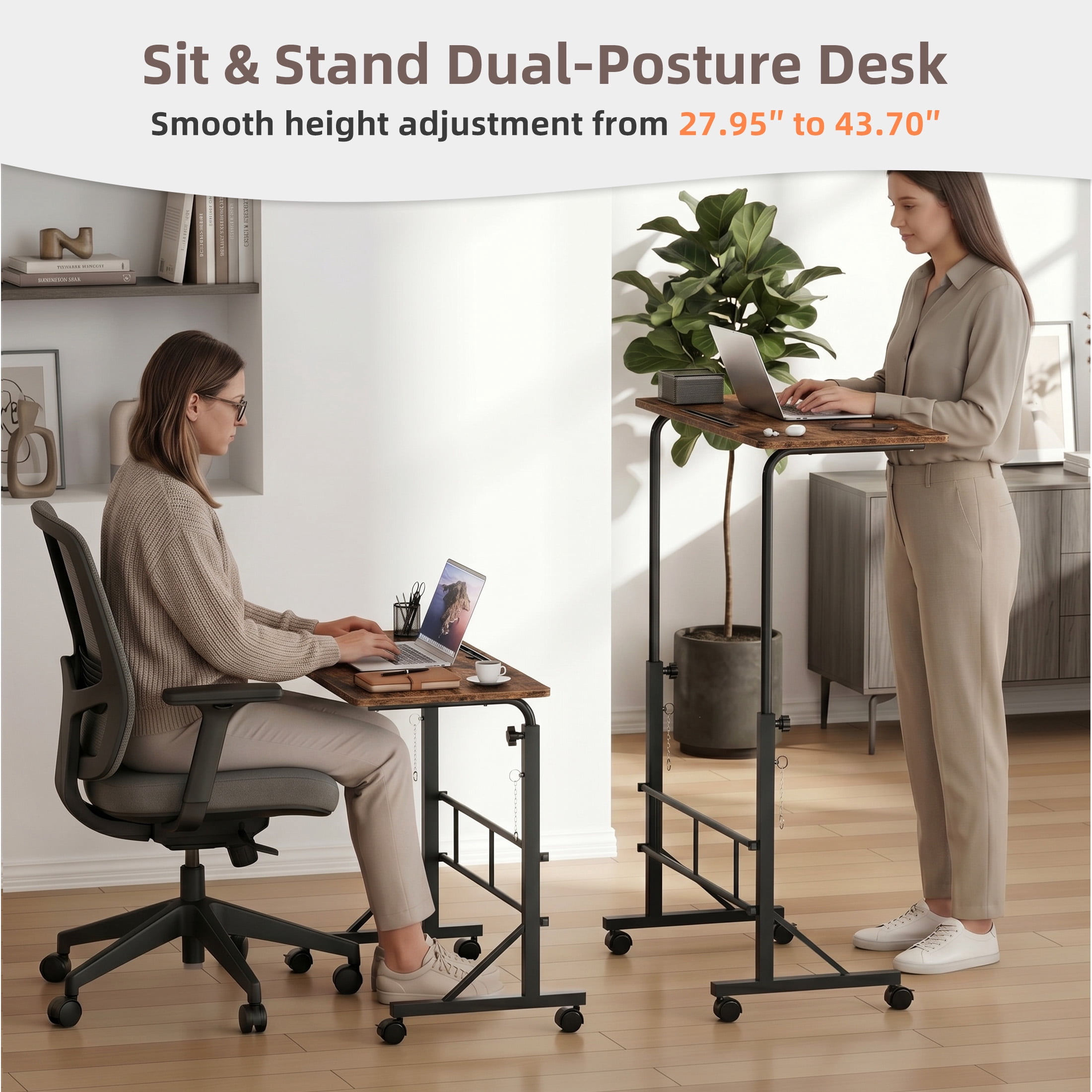 CONCETTA Adjustable Height Mobile Standing Desk with Wheels, 16"x31.5" Small Rolling Computer Desk for Home Office, Rust