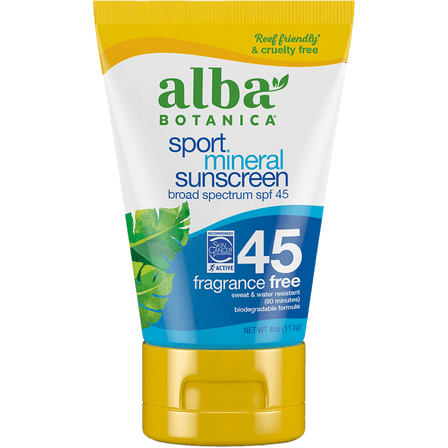 Alba Botanica Sport Mineral Sunscreen Lotion SPF 45, Fragrance Free, 4 oz.