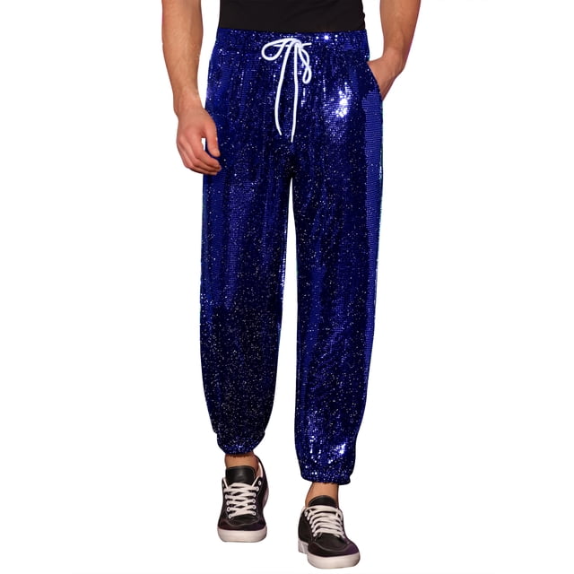 Pantalones de drawstring con lentejuelas INSPIRE CHIC para hombres, con cintura elástica, ropa de noche, jogger brillante 28 azul