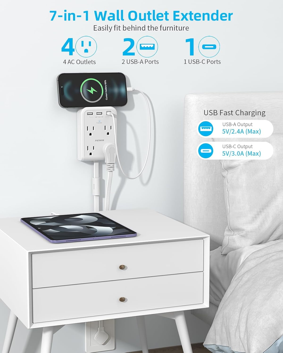 Short Power Strip 2FT - Flat Wall Extension Cord with 4AC Outlet and 3 USB Ports(1 Type C), Multi Plug Outlet Extender Small Sur Protector for Home Office Dorm, White
