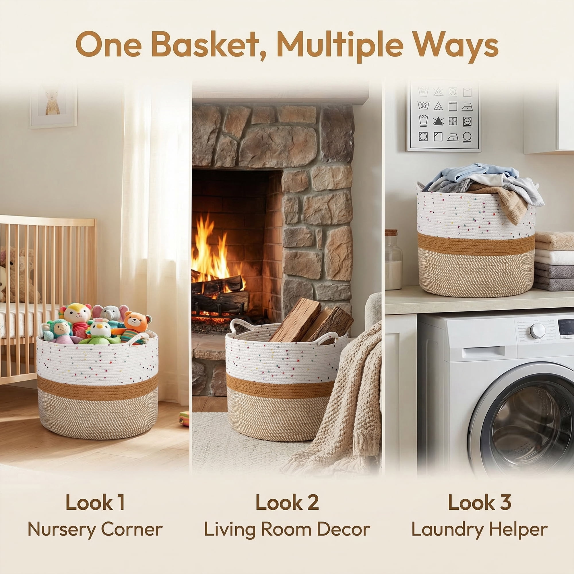 Unique Bargains Multiple Use Woven Storage Bin for Home White Brown 15.7*15.7*11.8in