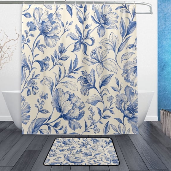 TTYFWHD 60" x 72" Shower Curtain and Bath Mat Set Blue Floral Botanical Pattern Waterproof Bathroom Curtain with 12 Hooks, Bathroom Decor Set