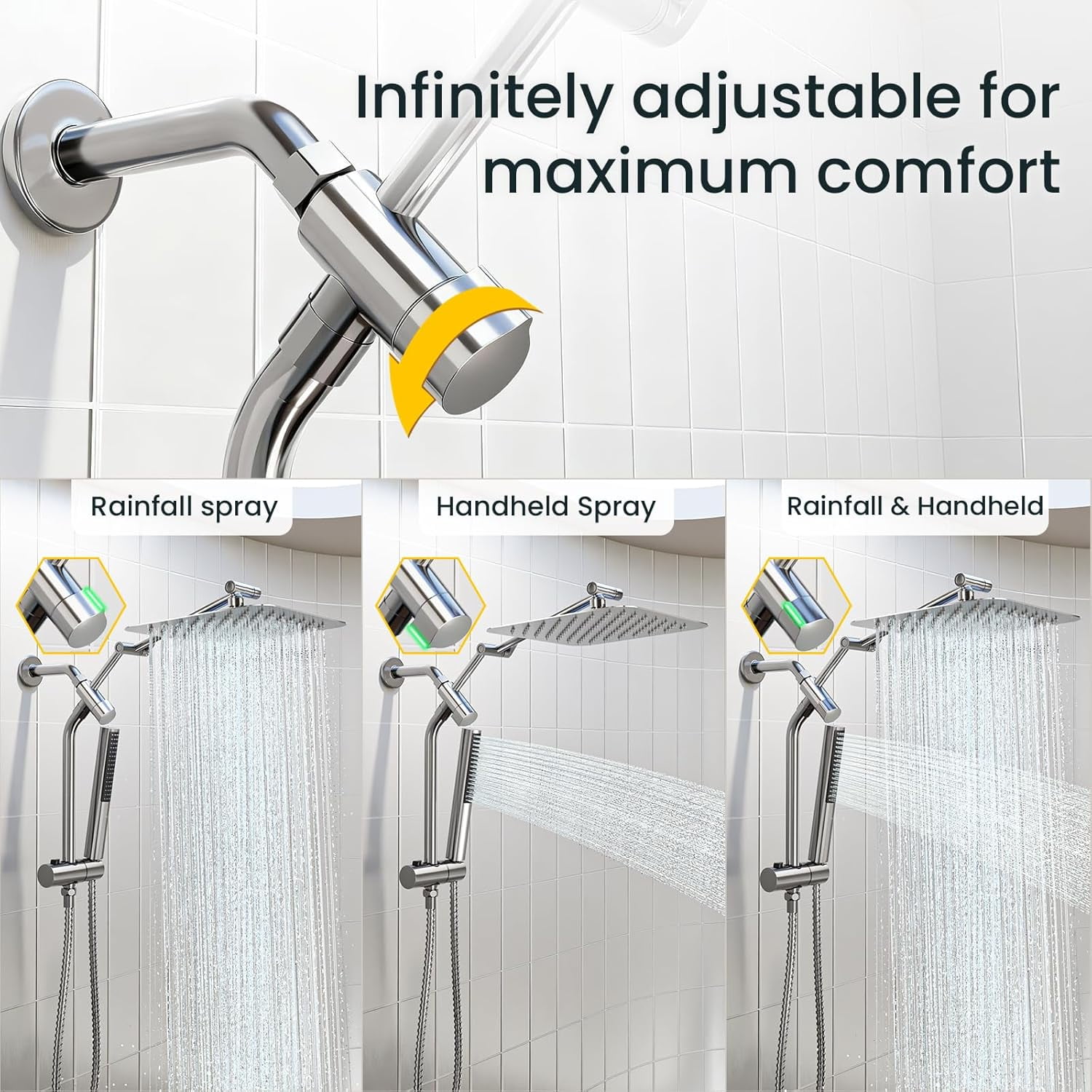 10" Luxurious Rain Shower Head with Handheld, High Pressure Rainf Shower Heads wih Extension Arm, Wide Dual Showerhead with Spray Combo, Bathroom Accessories, Chrome, Silver
