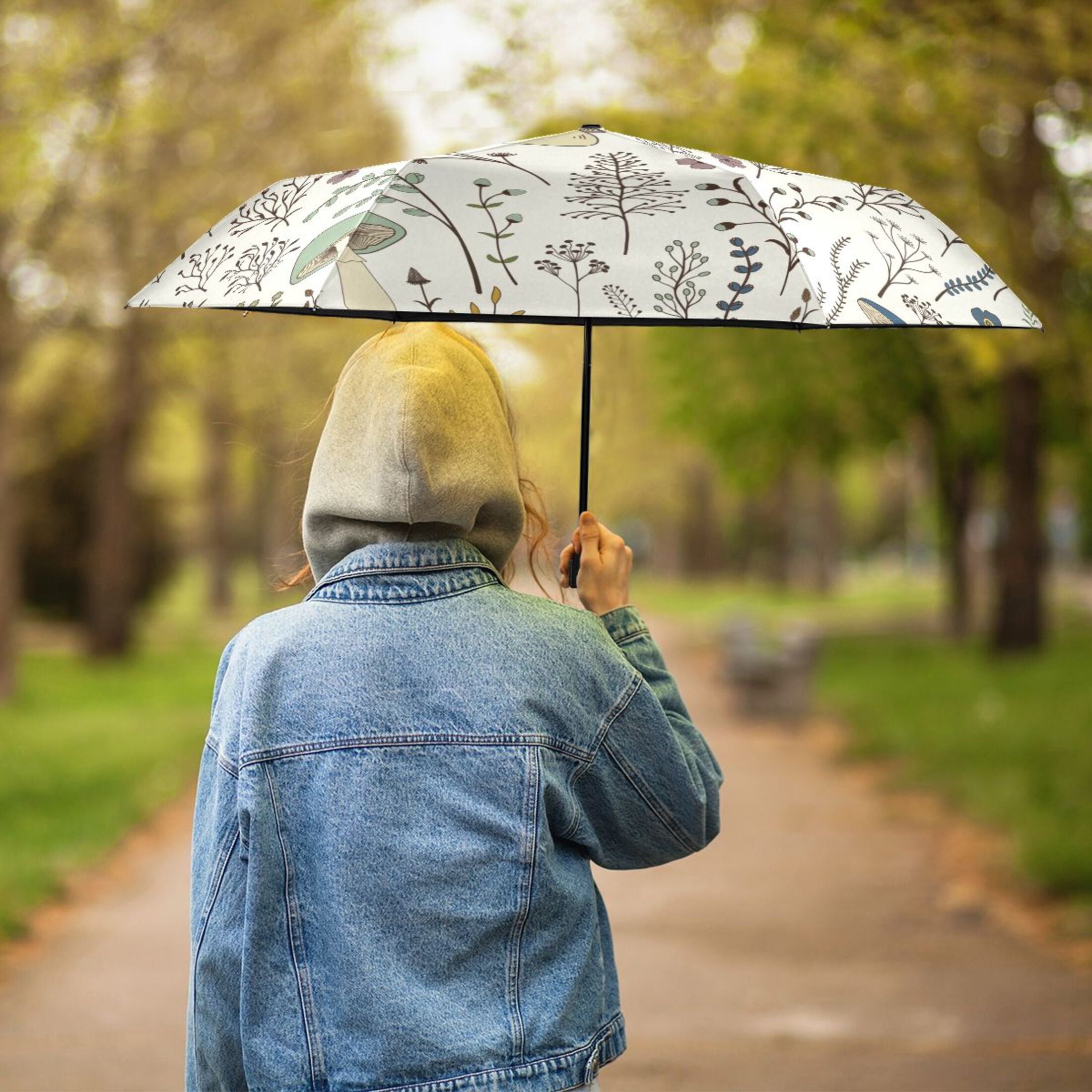 Mushrooms and Floral Compact Folding Umbrella for Rain Windproof Travel Umbrella UPF 50+ Lightweight Packable Arc Size