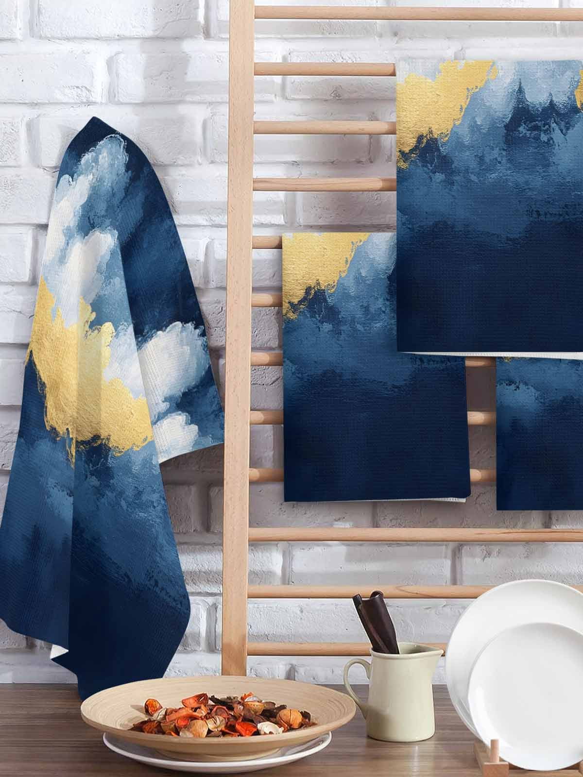 Navy Blue Kitchen Dish Towels for Drying Dishes Set of 3, Abstract Modern Oil Painting Art Waffle Weave Microfiber Hand Tea Bathroom Towels Quick Dry & Absorbent Towel 15.7x23.6