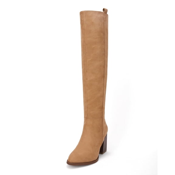 Women Faux Suede Knee High Side Zipper Chunky Heel Stretch Winter Boots