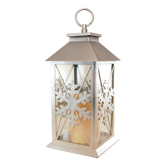 LumaBase Silver Snowflake Lantern with Battery Operated Candle